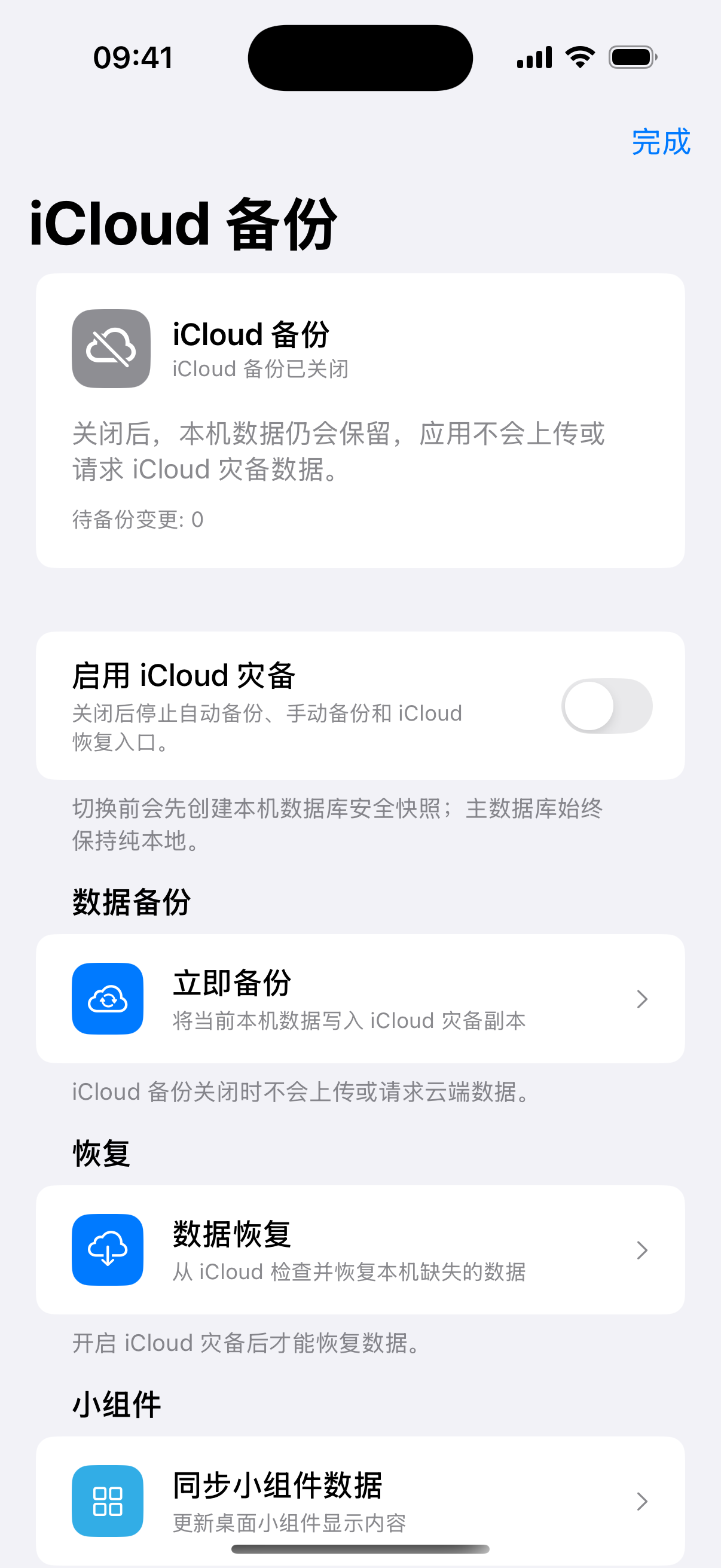 一拍即账 iCloud 备份设置页面
